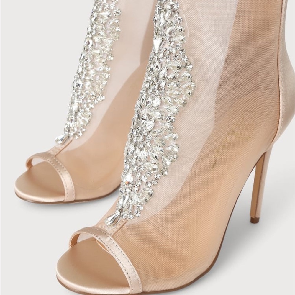 Lulus Hanakun Rose Gold Satin Rhinestone Peep-Toe Booties